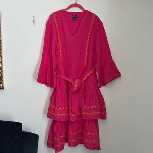 Scoop Hot Pink Tiered V-Neck Midi Dress with Belt